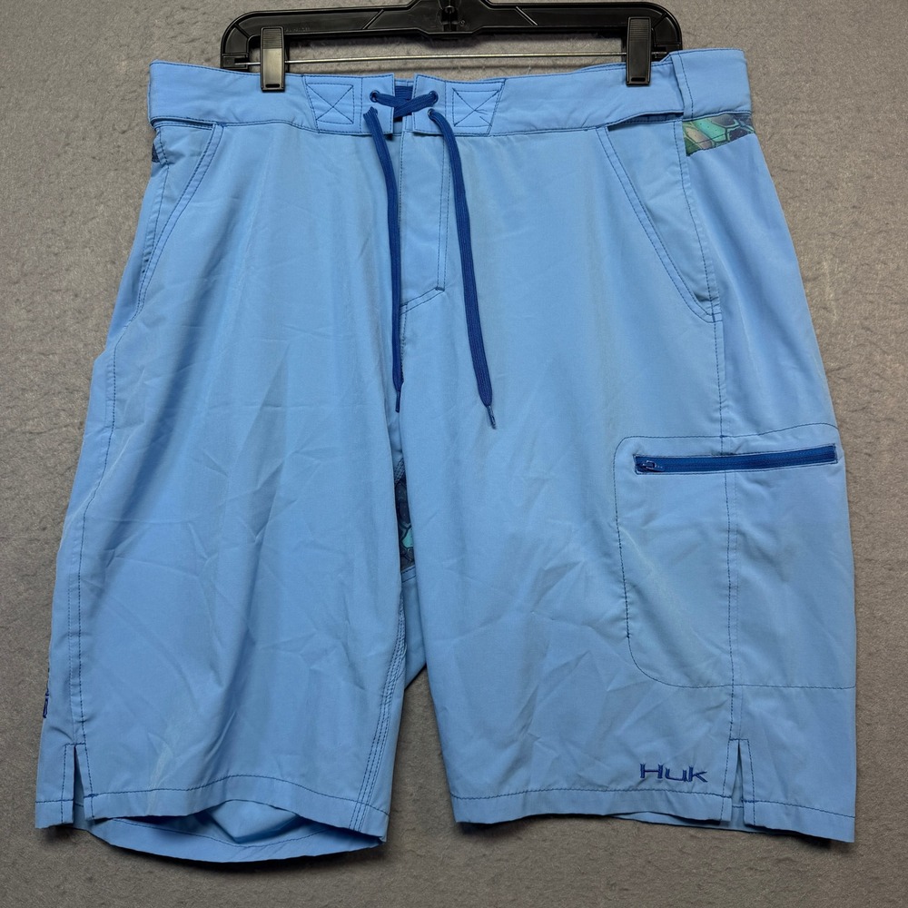 Huk Fishing Shorts Mens XL Light Blue Performance Cargo Drawstring Stretch 9.5in